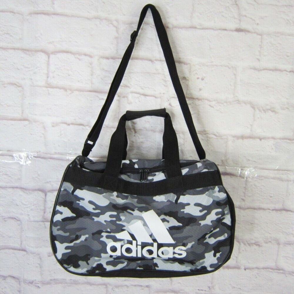 Adidas Camo Print Duffel Bag BLACK & GRAY LOGO ZIP TOP Fits Gym Locker